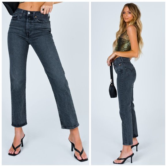 Levis Premium Womens Wedgie Straight Crop Denim Jeans Black Gray High Rise NWT - Picture 10 of 14